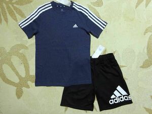 送料込み!!★新品★adidasアディダス★150★３ストライプ半袖Ｔシャツ(杢ネイビー)・ビッグロゴハーフパンツ(黒)★上下★即決