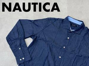 ☆送料無料☆ NAUTICA ノーティカ USA直輸入 古着 長袖 無地 ホリゾンタルカラー シャツ メンズ L ネイビー トップス 中古 即決