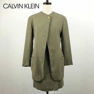 CALVIN KLEIN ウール セットアップスーツ 総柄 ノーカラージャケット スカート レディース オンワード樫山 カーキ系 サイズ9*ZA1334