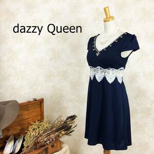 デイジークイーン dazzy Queen ドレス ネイビー L ビジュー ひざ上丈 ストレッチ 胸パッド フレンチスリーブ ワンピース Vネック B-465