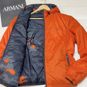 極美品/3Lサイズ●エンポリオアルマーニ EMPORIO ARMANI 中綿 ブルゾン アウター 黒&オレンジ リバーシブル 迷彩 カモフラ イーグルロゴ 54