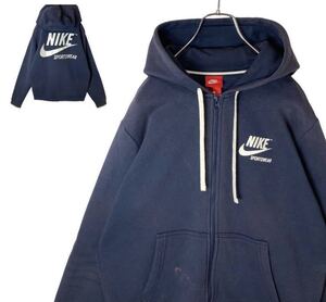 グッドデザイン古着！NIKEスウッシュでかロゴスウェットパーカーネイビーLサイズ