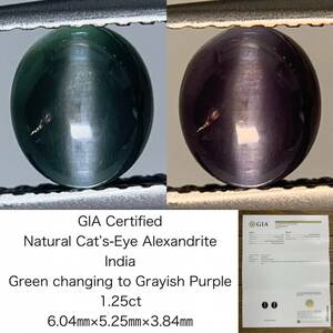 アレキサンドライトキャッツアイ 1.25ct GIA宝石鑑別書付き India Green changing to Grayish Purple 6.04×5.25×3.84 1686Y