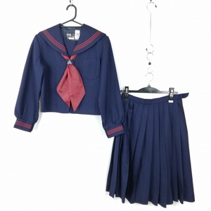 1円 セーラー服 スカート スカーフ 上下3点セット 冬物 赤3本線 女子 学生服 中学 高校 花紺 制服 中古 ランクC EY8238