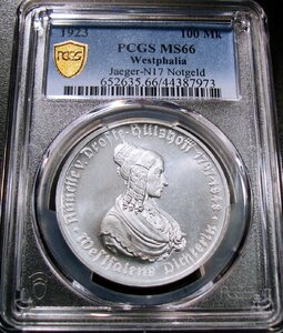 ●ドイツ(ウェストファリア州) 1923年 PCGS MS66 100マルク貨 / ハイパーインフレ緊急貨 / アルミニウム ★トップグレード★