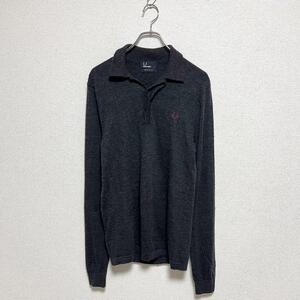 FRED PERRY メリノウール 長袖ニットポロシャツ ダークグレー