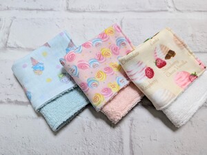 ＊ハンドメイド＊表ダブルガーゼ裏パイルハンカチ＊3枚セット＊約16×16㎝＊アイス・スイーツ柄＊ 入園 入学＊ 新学期準備＊