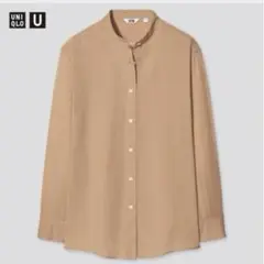 UNIQLO U シアーバンドカラーシャツ　長袖シャツ　ブラウン M 透け感