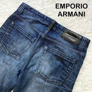 【希少 美品 W32】EMPORIO ARMANI デニム パンツ レザー スリム イーグルロゴ チェック jude sex fit アルマーニ メンズ インディゴ ブルー