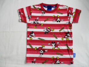 BD996【Disney・ミッキィーマウス】プリント　ボーダー　半袖　Ｔシャツ　訳有　男女児　赤・白　110