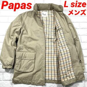 ★パパス 美品 Lサイズ！中綿入り チェック柄★Papas ミドル コート メンズ フード付 ベージュ 秋冬