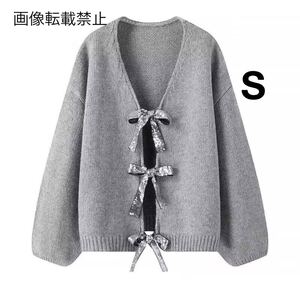 gray vintage ヴィンテージ レトロ スパンコール リボン ニット カーディガン トップス Sサイズ レディース★ZARA 好きな方に★新作 新品★