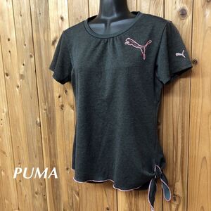 PUMA＊プーマ レディースL 半袖Tシャツ トップス ロゴプリント グレー リボン 速乾 トレーニング ヨガ エクササイズ スポーツウェア