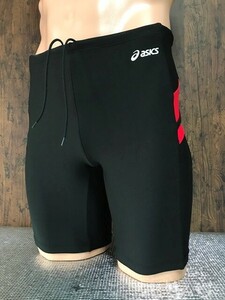 ss_4198y ★定形外 配送★ asics アシックス 日本製 AMP406 光沢ブラック×レッド 黒パイピング 男子競泳水着 ハーフ丈 つるぴた L