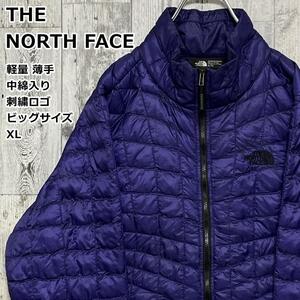 THE NORTH FACE ノースフェイス 両面刺繍ロゴ パープル 薄手 中綿 ダウンジャケット ドロコード付き レディースXL