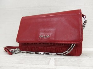 ◆PRADA プラダ◆ギャザー◆カーフ レザー 本革◆チェーン ショルダー バッグ◆レッド シルバー金具◆イタリア製◆フラップ◆A9018