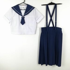 1円 セーラー服 スカート ネクタイ 上下3点セット 大きいサイズ トンボ 夏物 グレー1本線 女子 学生服 中学 高校 白 中古 ランクC NA9650