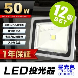 12個セット 【1年保証】 LED 投光器 50W 500W相当 昼光色 作業灯 集魚灯 看板灯 看板 照明 防犯 省エネ 防水 プラグ付 3m 家庭用電源