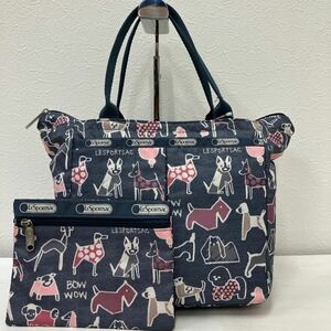 □41−1279 LeSportsac レスポートサック レディース ハンドバッグ カジュアル 軽量 犬柄 ドッグ柄 ポーチ付き サブバッグ トートバッグ