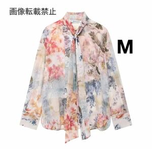 vintage ヴィンテージ レトロ フラワー 花柄 ボウタイ シャツ ブラウス トップス Mサイズ レディース★ZARA 好きな方に★秋新作 新品★