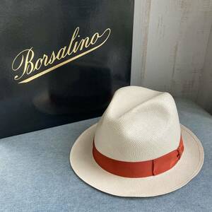 ボルサリーノ パナマハット ホワイト オレンジリボン 帽子 イタリア製 Borsalino 中折れハット ストローハット 麦わら帽子 
