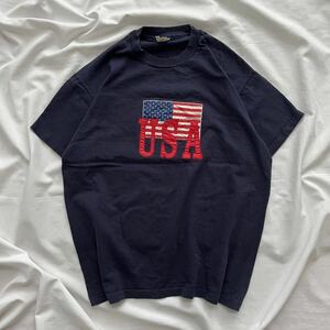 USA製 アメリカ製 半袖Tシャツ T-Shirt 星条旗 made in USA XLサイズ COLLEGE WARE 綿 コットン 送料込 ネイビー 紺色 メンズ 古着