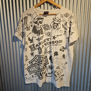 1円スタートHARLEYDAVIDSONハーレーダビッドソンTシャツ2XLホワイト白雰囲気系レアプリントヴィンテージ