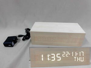 2-1 中古訳有 ウッド スタイル デジタル LED クロック バンブー ベージュ 約220×100mm×70mm 時計 アラーム カレンダー 温度計 置時計