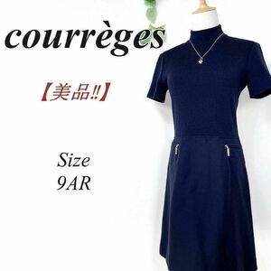 【美品】 courreges 半袖 ニットワンピース スタンドネック 9 ネイビー クレージュ ロゴ刺