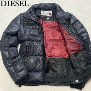 【美品】 DIESEL ディーゼル 【抜群のシルエット】 ダウンジャケット レザーロゴプレート ブラック 黒 裏地 レッドカラー メンズ 秋冬 