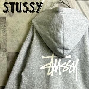 美品 STUSSY ステューシー ショーンフォントロゴ バックロゴ プルオーバーパーカー グレー M 実寸大きめ オーバーサイズ