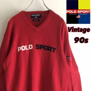 90s★POLO SPORT RALPH LAUREN ポロ スポーツ ラルフローレン コットン ニット セーター ビッグロゴ ヴィンテージ / RRL 1992 1993 当時物