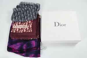 【3点】Christian Dior ロゴトロッター 総柄 ワインレッド/シフォン ロング ネイビー/パープル スカーフ ファッション小物 箱付き 2606-TE