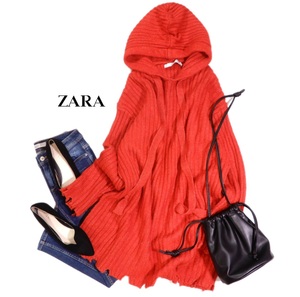 ザラ ZARA KNIT 大人可愛い☆ 起毛アルパカブレンド フード ダメージ風デザイン ニットプルオーバー セーター チュニック M