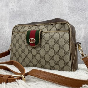 超希少品 OLD GUCCI オールドグッチ シェリーライン インターロッキング ショルダーバッグ クロスボディ 斜めがけ 肩掛け PVC レザー GG 茶