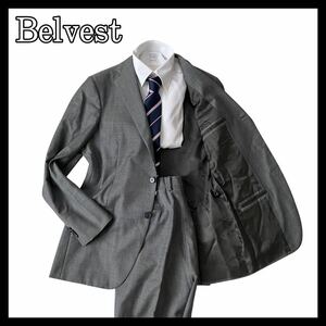 【美品!!】 BELVEST ベルベスト スーツ セットアップ　裏地ブランドロゴ チェック グレー系 ウール100% サイズ48 L相当 メンズ d94