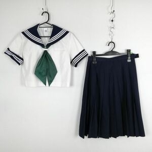 1円 セーラー服 スカート スカーフ 上下3点セット 夏物 白3本線 女子 学生服 香川明善高校 白 制服 中古 ランク:C NA0571