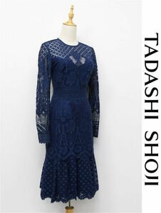 HGB-D325/未使用 新品 TADASHI SHOJI タダシショージ ドレス ひざ丈ワンピース マーメイド 長袖 総レース シースルー 総柄 花柄 2 M 紺