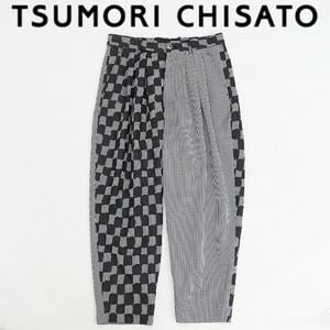 美品◆TSUMORI CHISATO ツモリチサト チェック柄 プリント 切替 シアサッカー タック テーパード パンツ 黒 ブラック×ホワイト 1