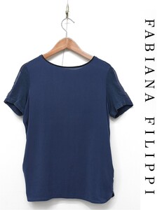 C450/FABIANA FILIPPI ファビアナフィリッピ 半袖カットソー Tシャツ ストレッチ 袖シースルー 生地切替 麻 シルク XS 紺 イタリア製 春夏