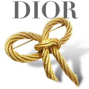 希少 極上品 美品 クリスチャンディオール DIOR ブローチ ハート リボン ラインストーン ゴールド