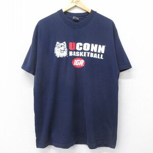 XL/古着 半袖 ビンテージ Tシャツ メンズ 90s UCONN バスケットボール 大きいサイズ コットン クルーネック 紺 ネイビー 24jul15 中古