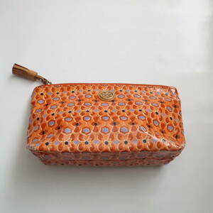 $ 美品 $ レア！◆ トリーバーチ ◆ TORY BURCH ◆ ビニールコーティング製・化粧ポーチ 小物入れ◆ オレンジ系× ゴールド金具◆ 送料無料