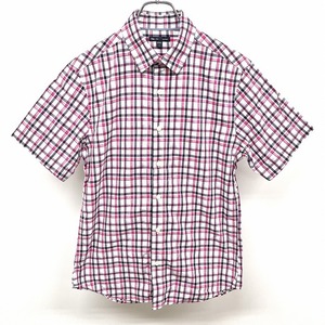 ギャップ GAP シャツ 半袖 チェック ポケット無し レギュラーカラー ショートスリーブ 綿100% コットン S ピンク ピンク×紺×白 メンズ