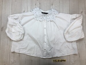 ZARA ザラ レディース フラワーレースネック パフスリーブ 七分袖 ワイド クロップドブラウス L 白