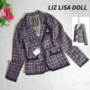 LIZ LISA チェック柄・ベロア縁取り・エポレット付きジャケット ピンク&グレー&黒&シルバーラメ68770