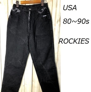 USA古着 80s～ USA製 デザイン切り替え ブラックデニムパンツ 9/10 ROCKIES 黒 オールド ヴィンテージ ユニセックス ワイドテーパード ●30