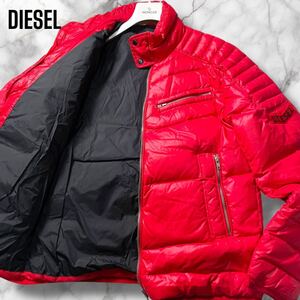 希少XXL相当!!!極美品!!! DIESEL ダウンジャケット ライダース キルティング ロゴワッペン アウター ジャンパー 赤 レッド ディーゼル 3L