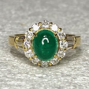 ☆カボ【KJC】鑑別書付き　K18（K750刻印） カボッション エメラルド 1.67ct/ダイヤモンド 0.85ct　リング　指輪　サイズ約13番弱くらい