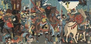 【フルサイズ版】三国志 関羽＆曹操 「通俗三国志之内 関羽義心曹操釈図」 歌川国芳 1853年 壁紙ポスター 603×290mm シール式 004S2